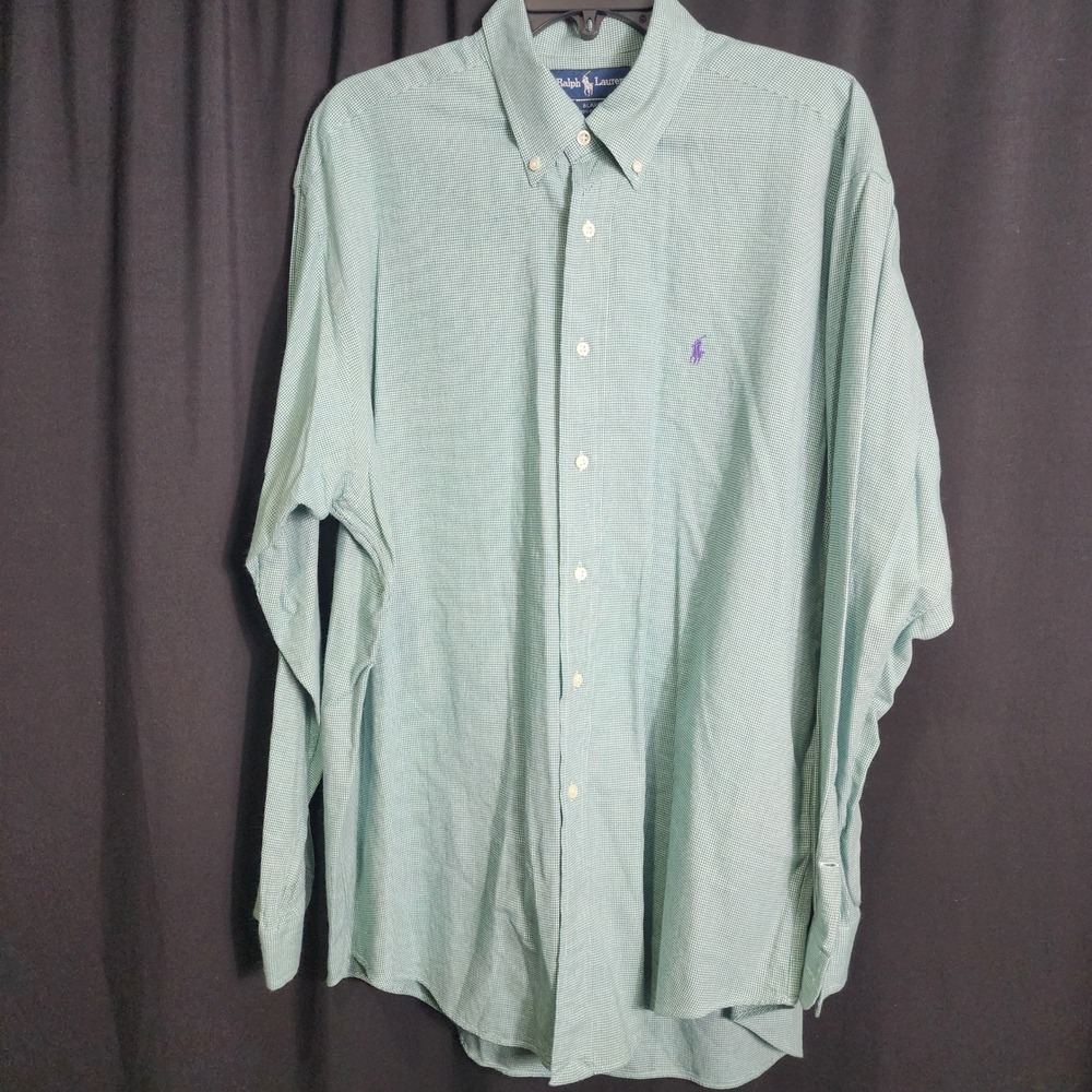 Ralph Lauren‎ Blake Mens Large Green White Houndstooth Cotton Button Down Shirt